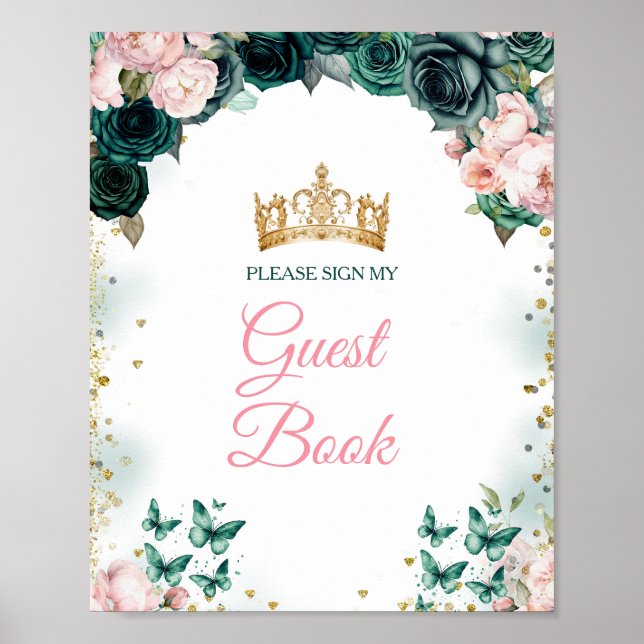 Poster Emerald Green Quinceañera Pink Floral livre d'hôte (Devant)