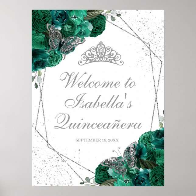 Poster Emerald Green & Silver Tiara Quinceanera (Devant)