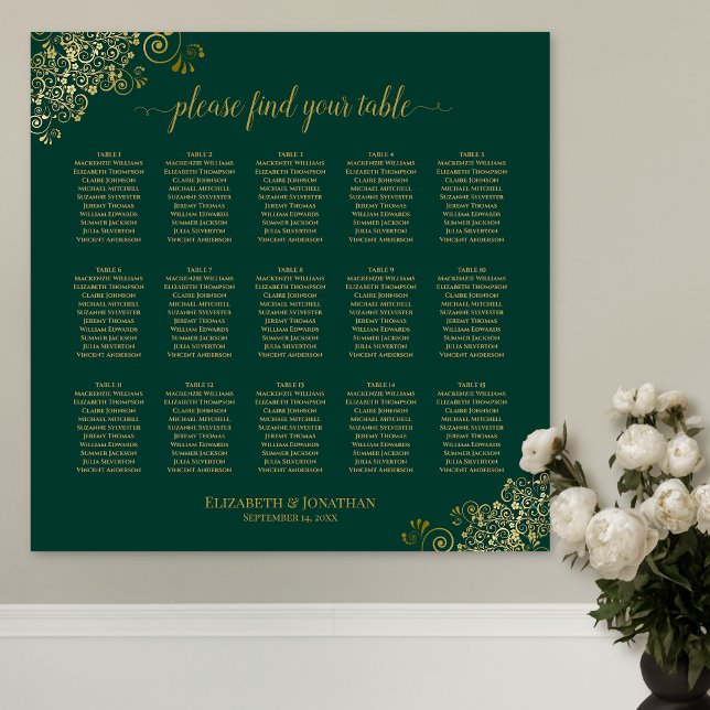 Poster Émeraude Vert 15 Table Mariage Carte de siège Or (In Situ on Wall)