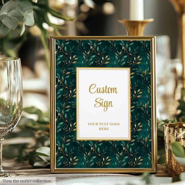 Poster Émeraude Vert or vert moderne Panneau personnalisé (Modern Emerald Green Gold Greenery Custom Sign)