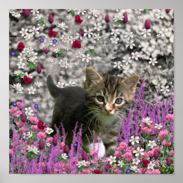 Poster Emma en Fleurs I - Petit chat Kitty Gris (Devant)