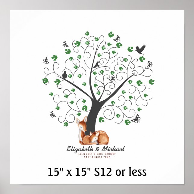 Poster Empreinte Arbre Baby shower Bois Bois Deer Budget (Devant)