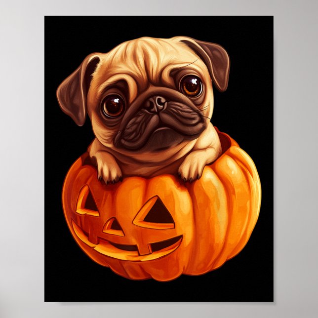 Poster En Citrouille Halloween Pugkin mignon Carlin Hallo (Devant)