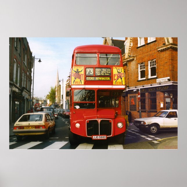 Poster en couleur complet du bus 73 de Londres (Devant)
