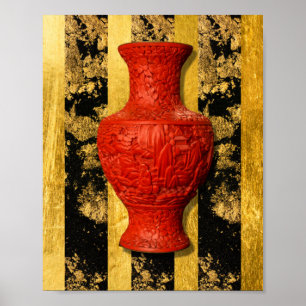 Poster en or noir Vase rouge chinois asiatique