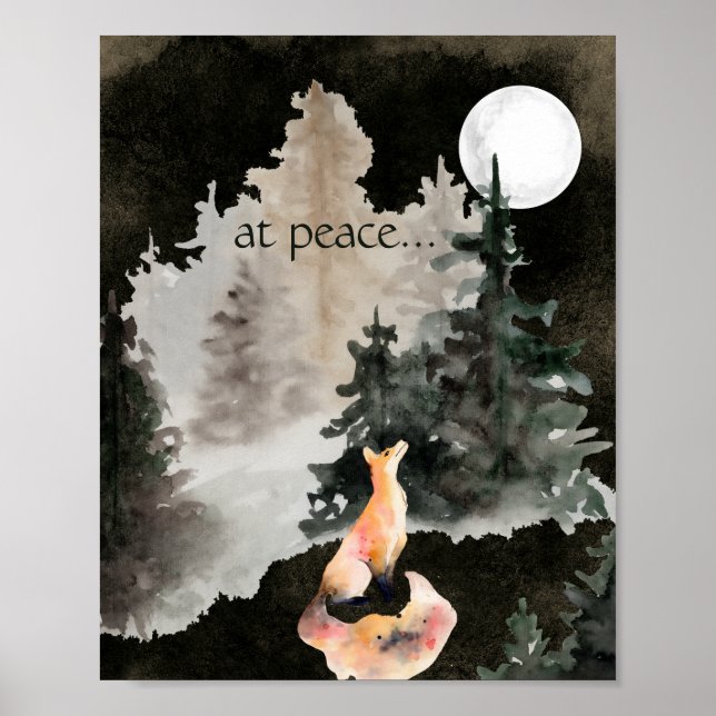 Poster en paix ~ Fox et Pleine lune Woodland (Devant)
