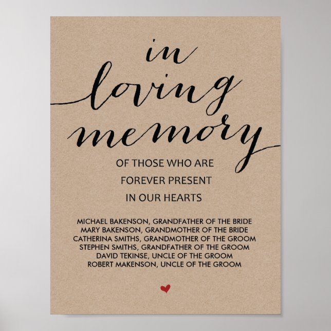 Poster En souvenir affectueux Panneau de table de mariage (Devant)