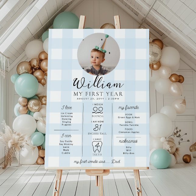 Poster En vichy bleu Premier anniversaire jalon Calendrie (First Birthday Photo Milestone Sign)