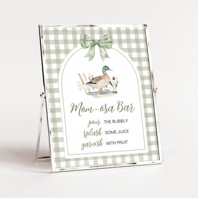 Poster en vichy Mallard Canard Baby shower Maman Osa Bar  (Sage Green Gingham Mallard Duck Hunting Country Baby Shower Sign)