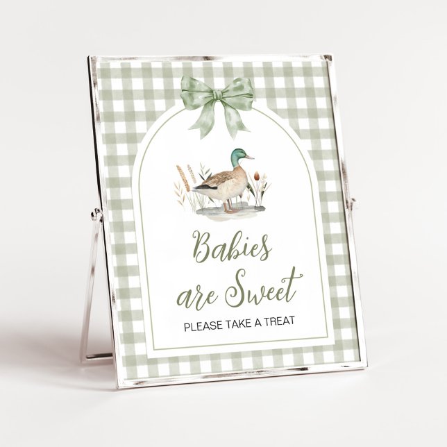 Poster en vichy Mallard Duck Baby Baby sont doux signe (Sage Green Gingham Mallard Duck Hunting Country Baby Shower Sign)