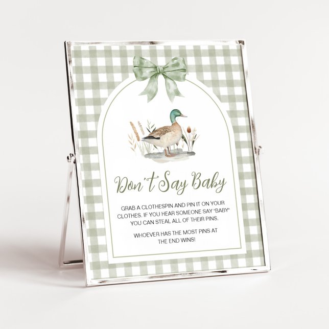 Poster en vichy Mallard Duck Baby Ne pas dire Bébé Signe (Sage Green Gingham Mallard Duck Hunting Country Baby Shower Sign)