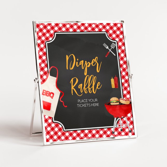 Poster En vichy rouge Baby shower barbecue Raffle de couc (Burger in the Oven Baby Shower Diaper Raffle Sign)