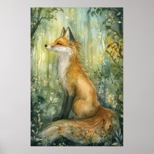 Poster Enchanted Emerald Forest Fox Art Imaginaire de l'e
