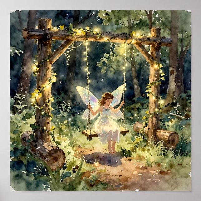 Poster Enchanted Fairy on a Swing in a Magical Forest (Devant)