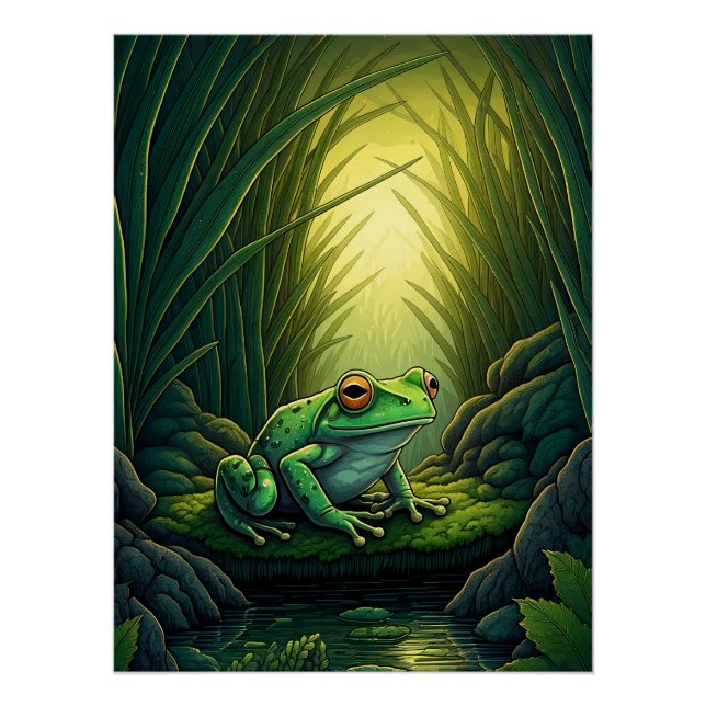 Poster Enchanted Green Frog in a Forest (Devant)