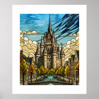 Poster Enchanted Medieval Castle Stained Glass Canal Illu