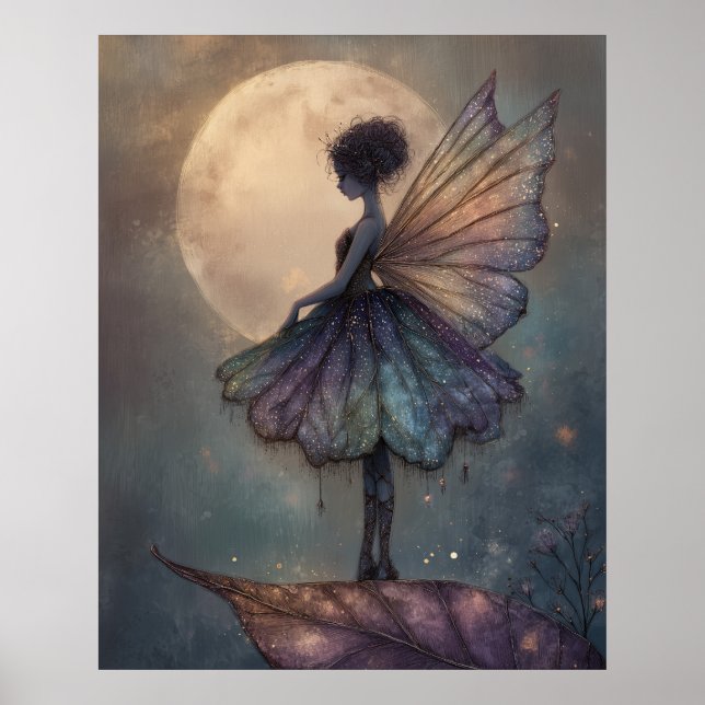 Poster Enchanted Moonlight Fairy Watercolor Fantasy Art (Devant)