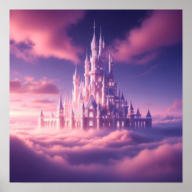Poster Enchanted Pink Castle Above the Dreamy Clouds (Devant)
