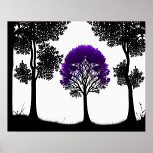 Poster Enchanter l'arbre violet dans la forêt monochrome