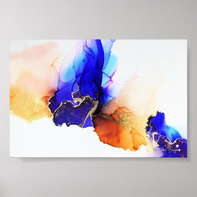 Poster Encre d'alcool Abstraite bleu orange or (Devant)