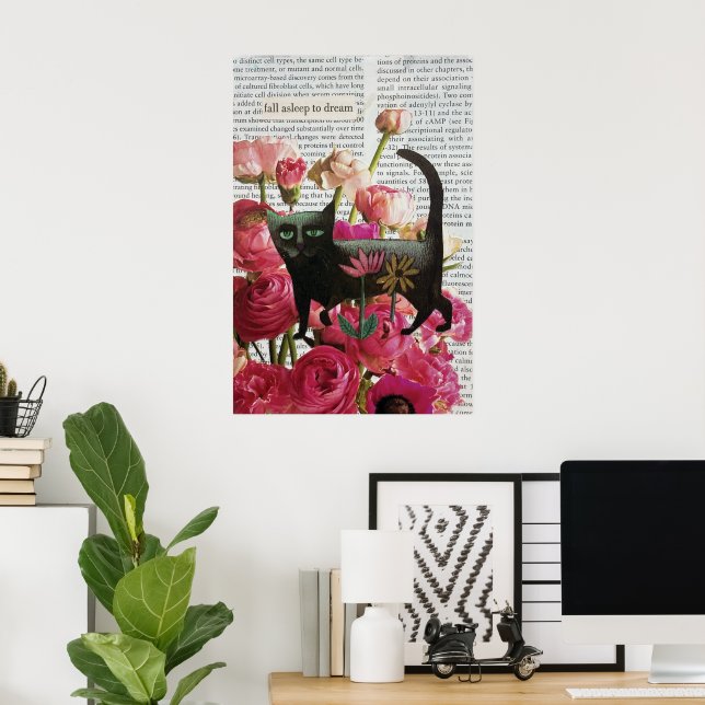 Poster Endormez-vous pour rêver Chat noir Fleurs roses ch (Bureau à domicile)