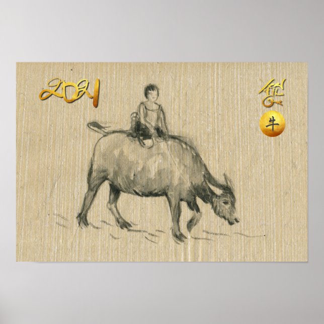 Poster Enfant de buffle d'eau chinois Ox Année 2021 HorP (Devant)