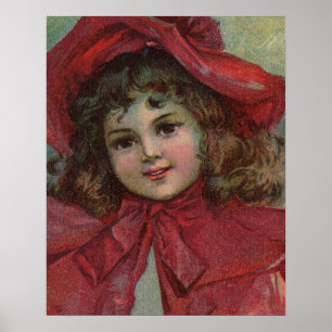Poster Enfant de Noël Vintage avec robe victorienne rouge