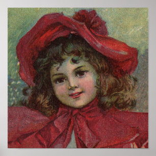 Poster Enfant de Noël Vintage avec robe victorienne rouge