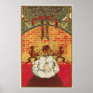 Poster Enfant devant la cheminée