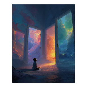 Poster Enfant devant les portails de mondes colorés