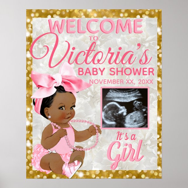 Poster Enfant ethnique fille rose Baby shower photo Bienv (Devant)