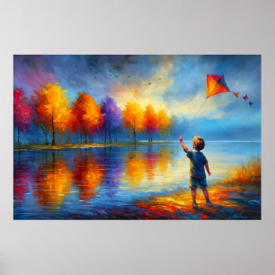 Poster Enfant faisant voler un cerf-volant au bord d'une 