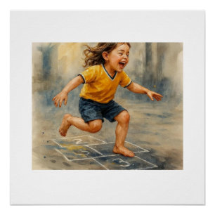 Poster Enfant joyeux jouant à la marelle,
