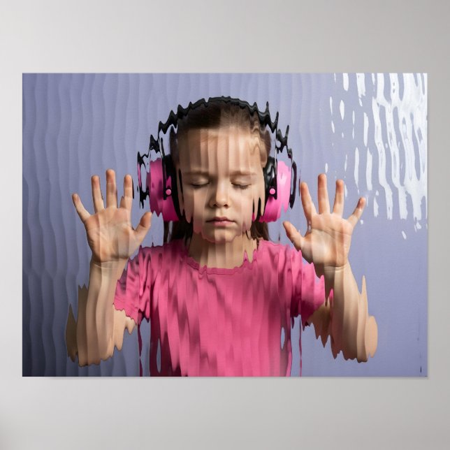 Poster Enfant Neurodivergent fille avec casque rose press (Devant)