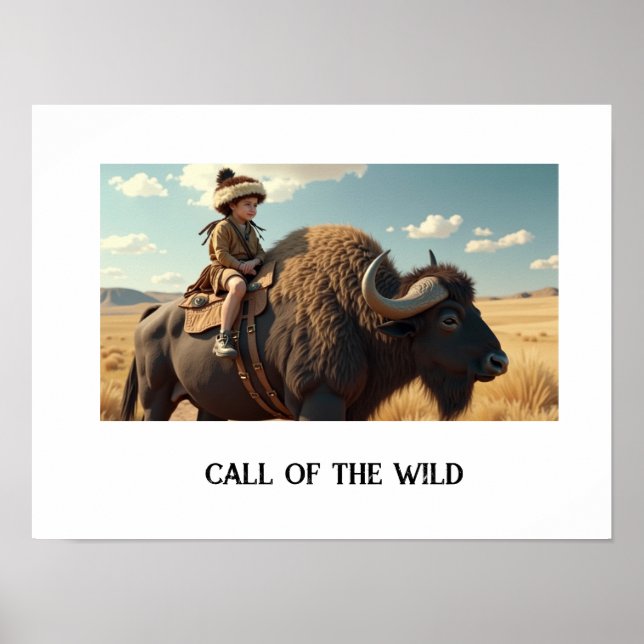 Poster Enfant sauvage à cheval sur le bison (Devant)