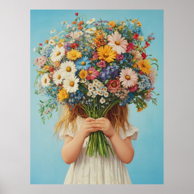 Poster Enfant tenant un bouquet Fleur sauvage luxuriant (Devant)