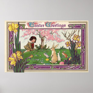 Poster Enfant vintage à la chasse aux oeufs de Pâques ave