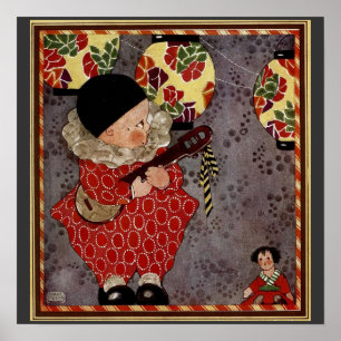 Poster Enfant vintage arlequin, musicien jouant du banjo