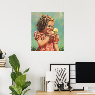 Poster Enfant Vintage, Sourire Heureux, Fille avec Poussi