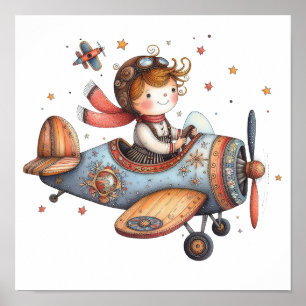 Poster Enfant volant vieil avion Whimsical Nursery Art