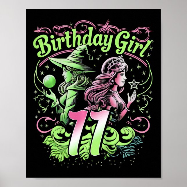 Poster Enfants 11e Anniversaire Sorcière rose et vert 11  (Devant)