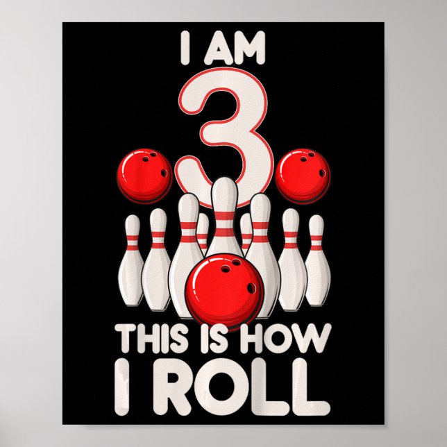 Poster Enfants 3 ans Vieux Bowling Party 3e anniversaire  (Devant)