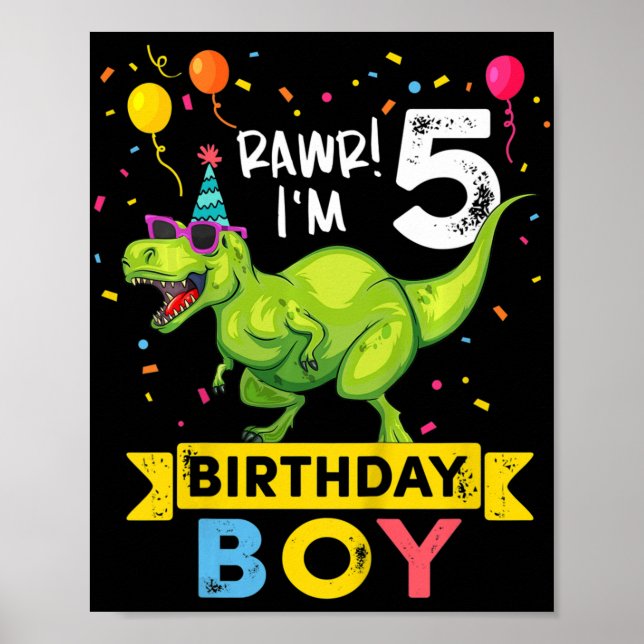 Poster Enfants 5 ans 5e anniversaire garçon T Rex Dinosau (Devant)