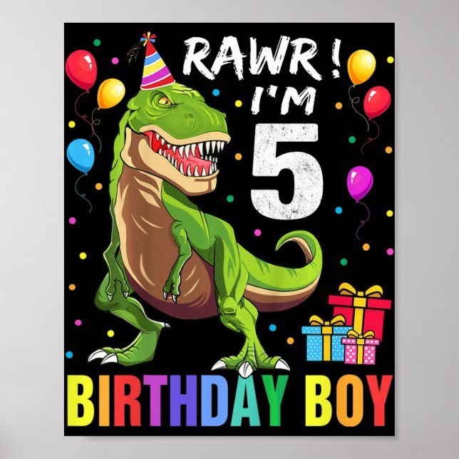 Poster Enfants 5 ans 5e anniversaire garçon T Rex Dinosau (Devant)