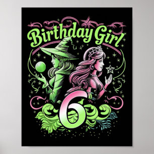 Poster Enfants 6e Anniversaire Sorcière rose et verte 6 A