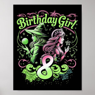 Poster Enfants 8e Anniversaire Sorcière rose et verte 8 A
