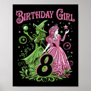 Poster Enfants 8e Anniversaire Sorcière rose et verte 8 A