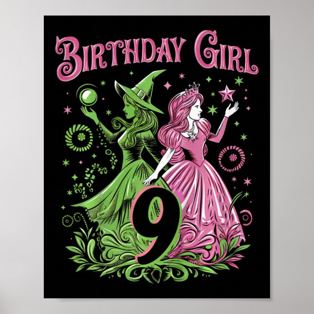 Poster Enfants 9e Anniversaire Sorcière rose et verte 9 A (Devant)
