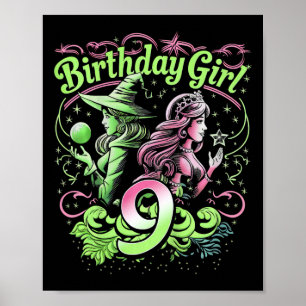 Poster Enfants 9e Anniversaire Sorcière rose et verte 9 A