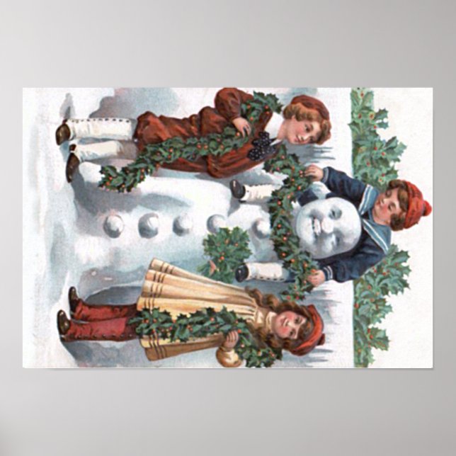 Poster Enfants accrochant Holly Garland Snowman (Devant)